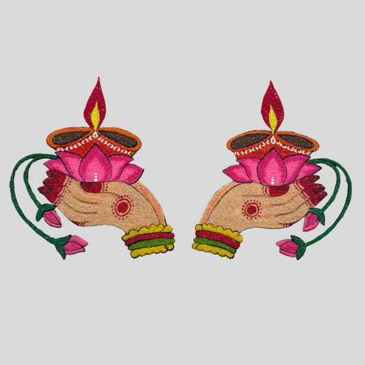 Divine Hands with Lotus Buds Diya Rangoli Pair