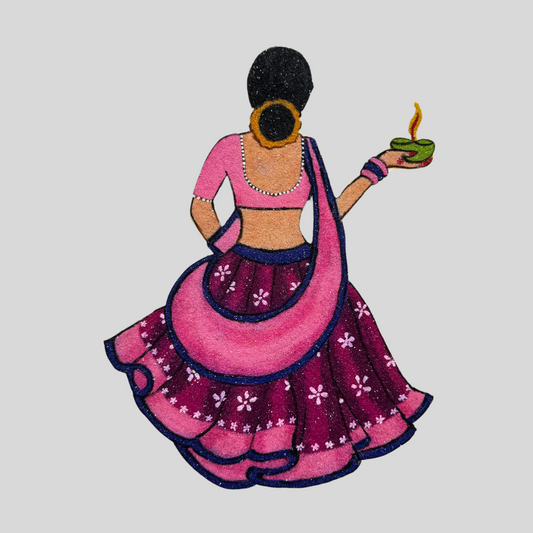 Festive Lady Standing and Holding Diya in Ghargra Rangoli